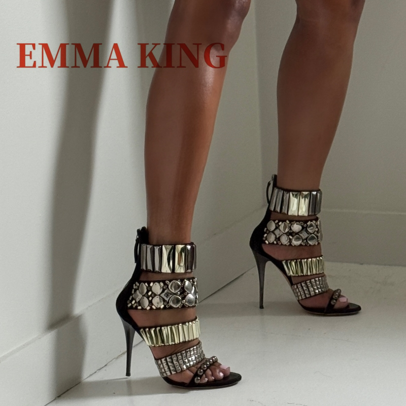 Ankle Strap Attachment - 黒装飾アンクルストラップサンダル夏の女性のオープントゥスティレットグラディエーターサンダルファッションラインストーンパーティードレスシューズ 44