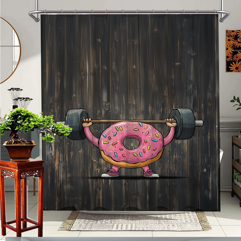 Home Gym Kids - 面白いドーナツのウェイトリフティング柄シャワーカーテン、ピンクのスイーツフードジムプリント防水バスルーム装飾、かわいい子供用ホームバススクリーン