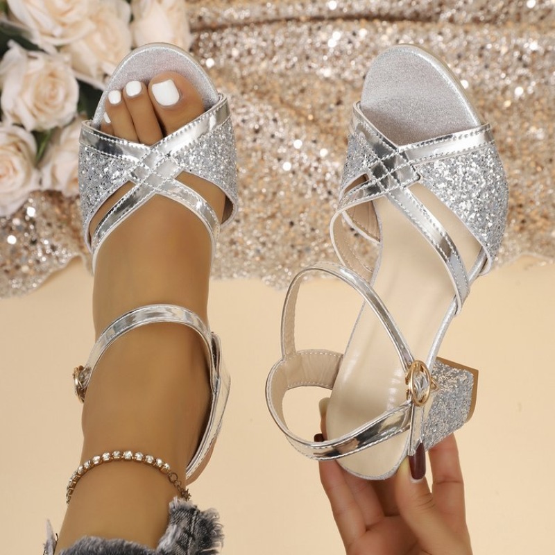 Ankle Strap Attachment - 女性ブロックヒールサンダルゴールドキラキラクロスストラップアンクルバックルオープントゥプロムウェディングパーティーエレガントドレスシューズ履物 2026