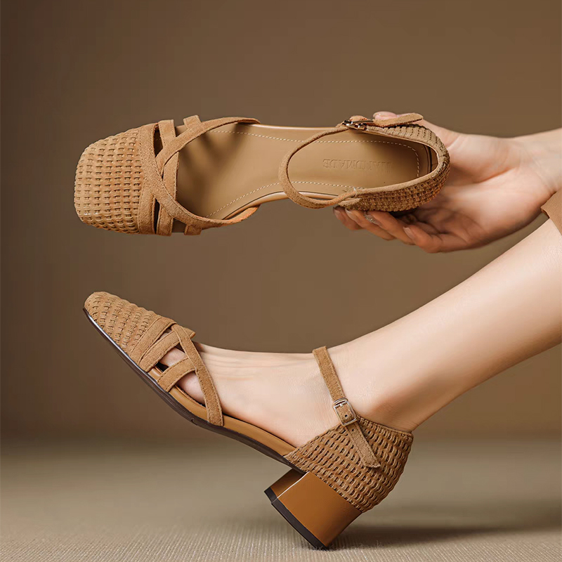 Ankle Strap Attachment - レトロ織りハイヒールサンダル レディース 2025 夏 スクエアトゥ アンクルストラップ