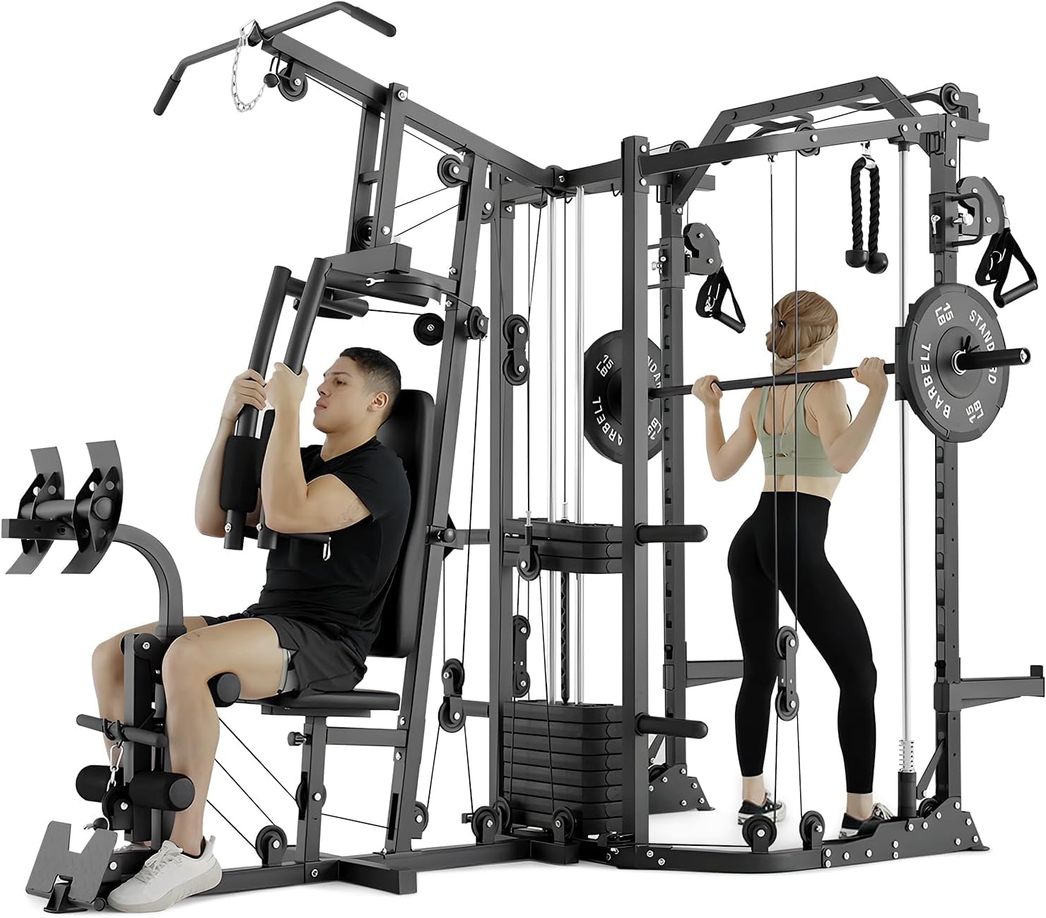 Home Gym Cable Machine With Weight Stack - デュアルステーションスミスマシンΔマシンパワーケージ、121ポンドのウェイトスタックとケーブルクロスオーバーを備えたオールインワンホームジムワークアウトステーション、カスタム