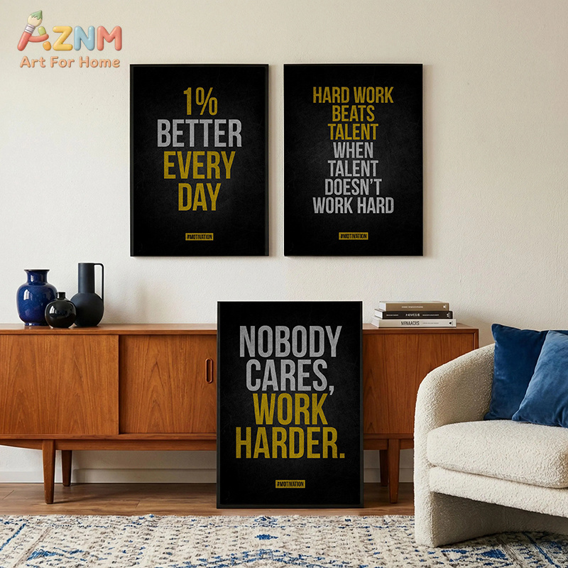 Home Gym Gold - AZNM モチベーションを高める引用句キャンバスウォールアートブラックゴールドテキストポスターインスピレーションを与えるオフィスジムホームデコレーションフレームなし