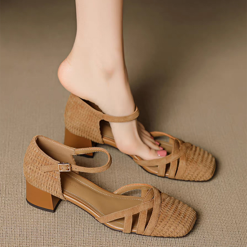 レトロ織りハイヒールサンダル レディース 2025 夏 スク - Ankle Strap Attachment のレビューと価格