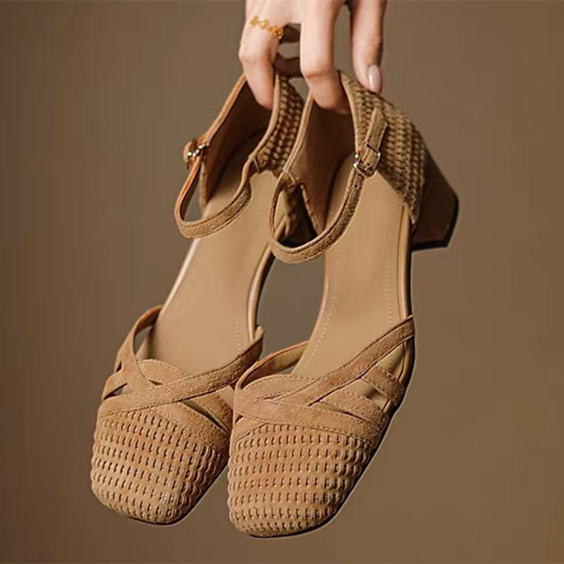 レトロ織りハイヒールサンダル レディース 2025 夏 スク - Ankle Strap Attachment のレビューと価格