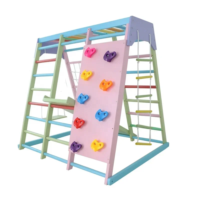 子供用木製クライミングフレーム屋内セット、ブランコ、滑り台、 - Home Gym Kids のレビューと価格
